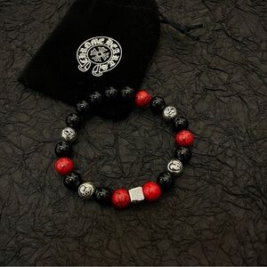 Unisex Chrome Hearts Red & Black Beaded Bracelet with Silver Beads